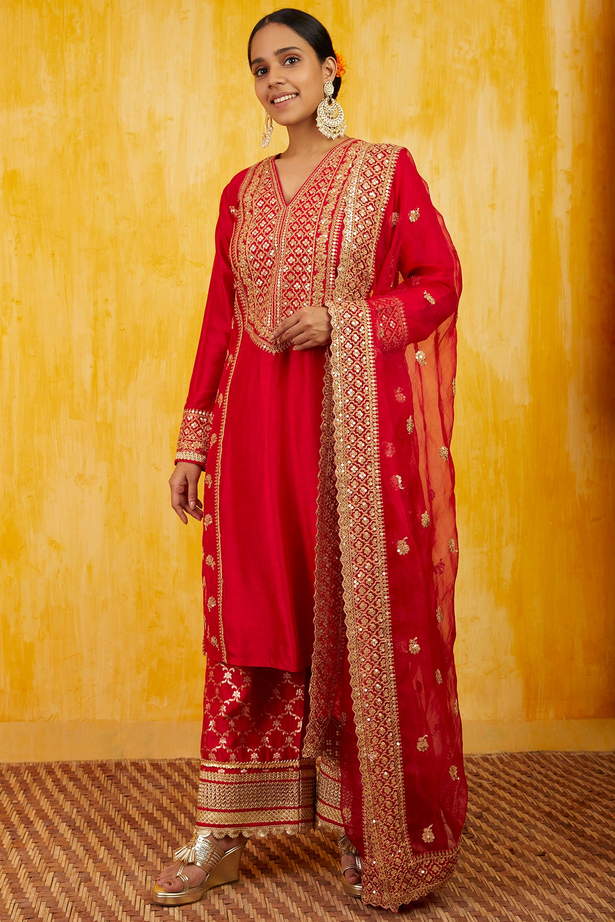 Women's Red Marigold Brocade Tunic Set | Gopi Vaid