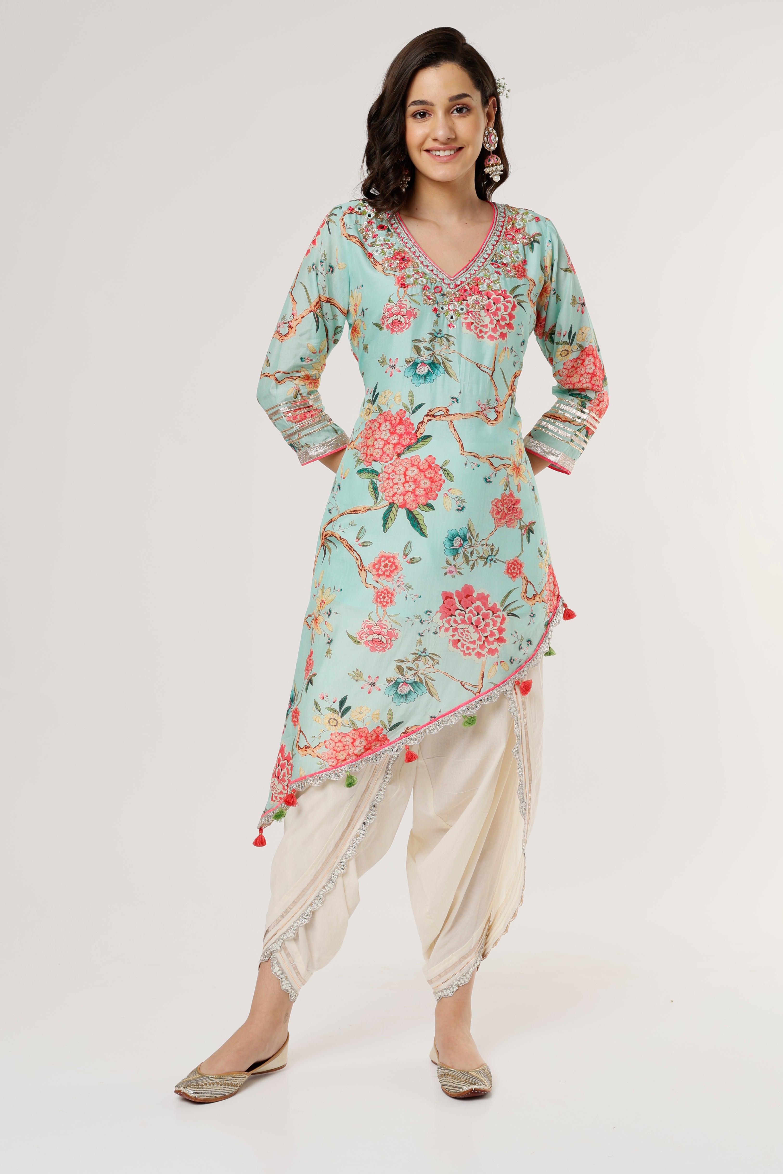 Azure Blue Asymmetrical Dhoti set | Gopi Vaid