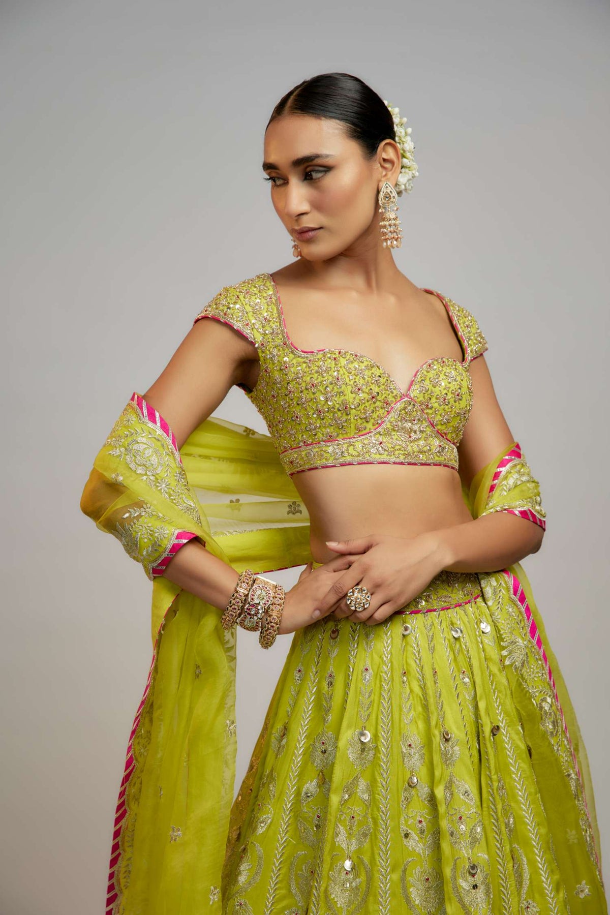 Lime Green Golconda Nayla lehenga set- front view