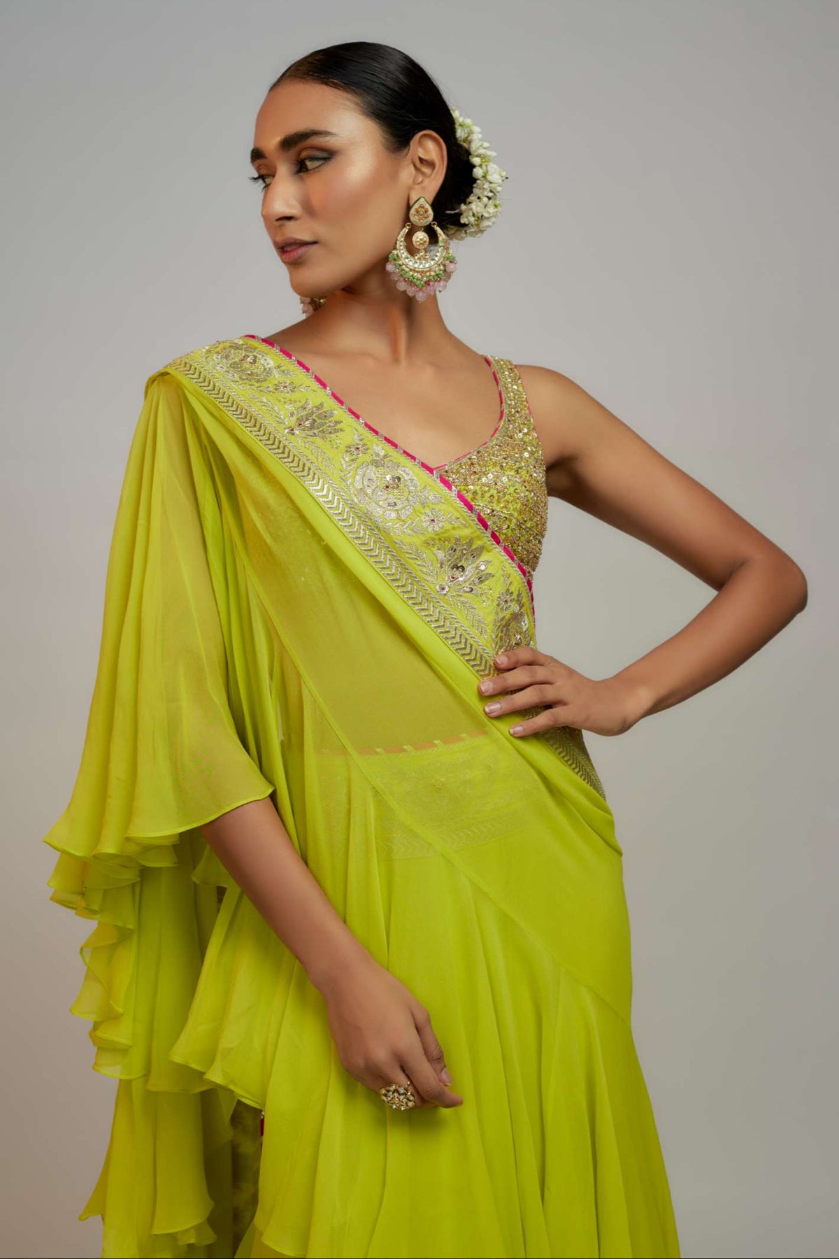 Lime Green Golconda Absar Saree Set- front view