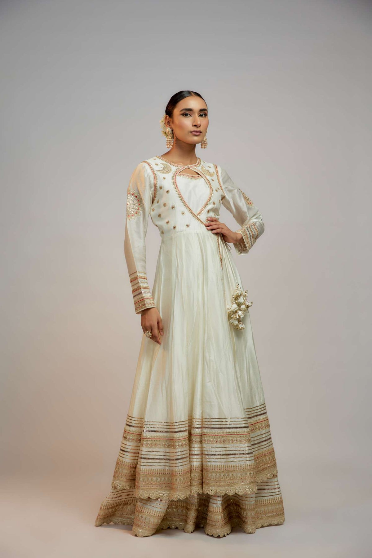 White Golconda Meera Anarkali set- front view
