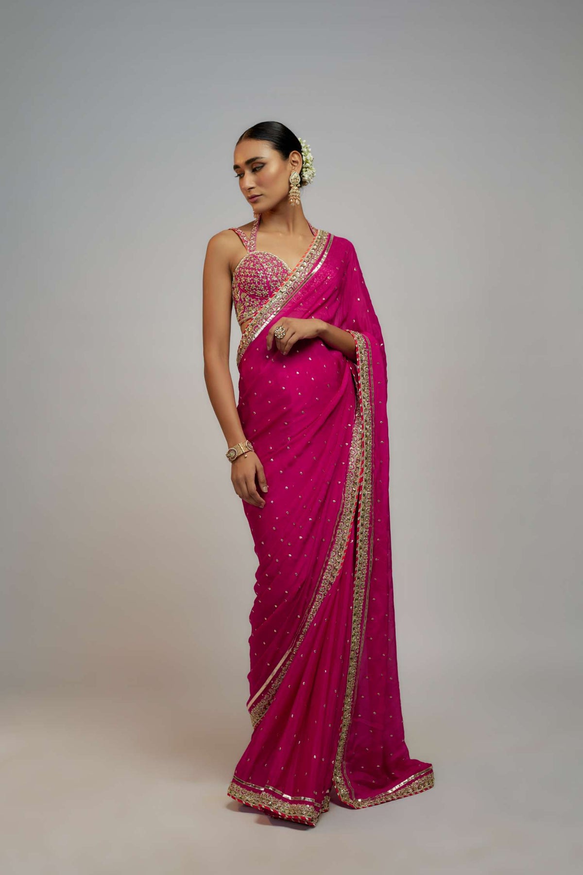 Rani Pink Golconda Uzvi Saree Set - front view