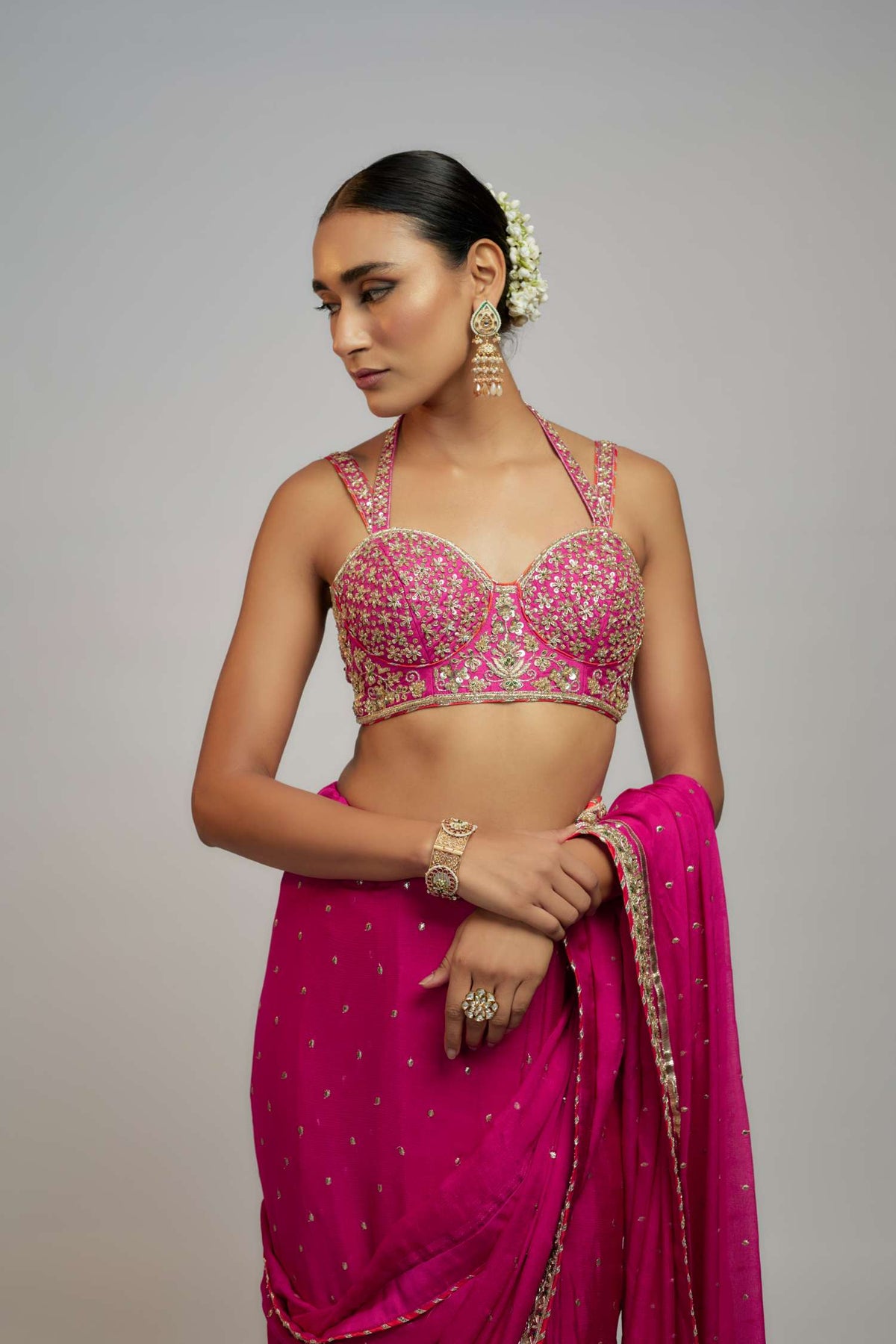 Rani Pink Golconda Uzvi Saree Set - front view