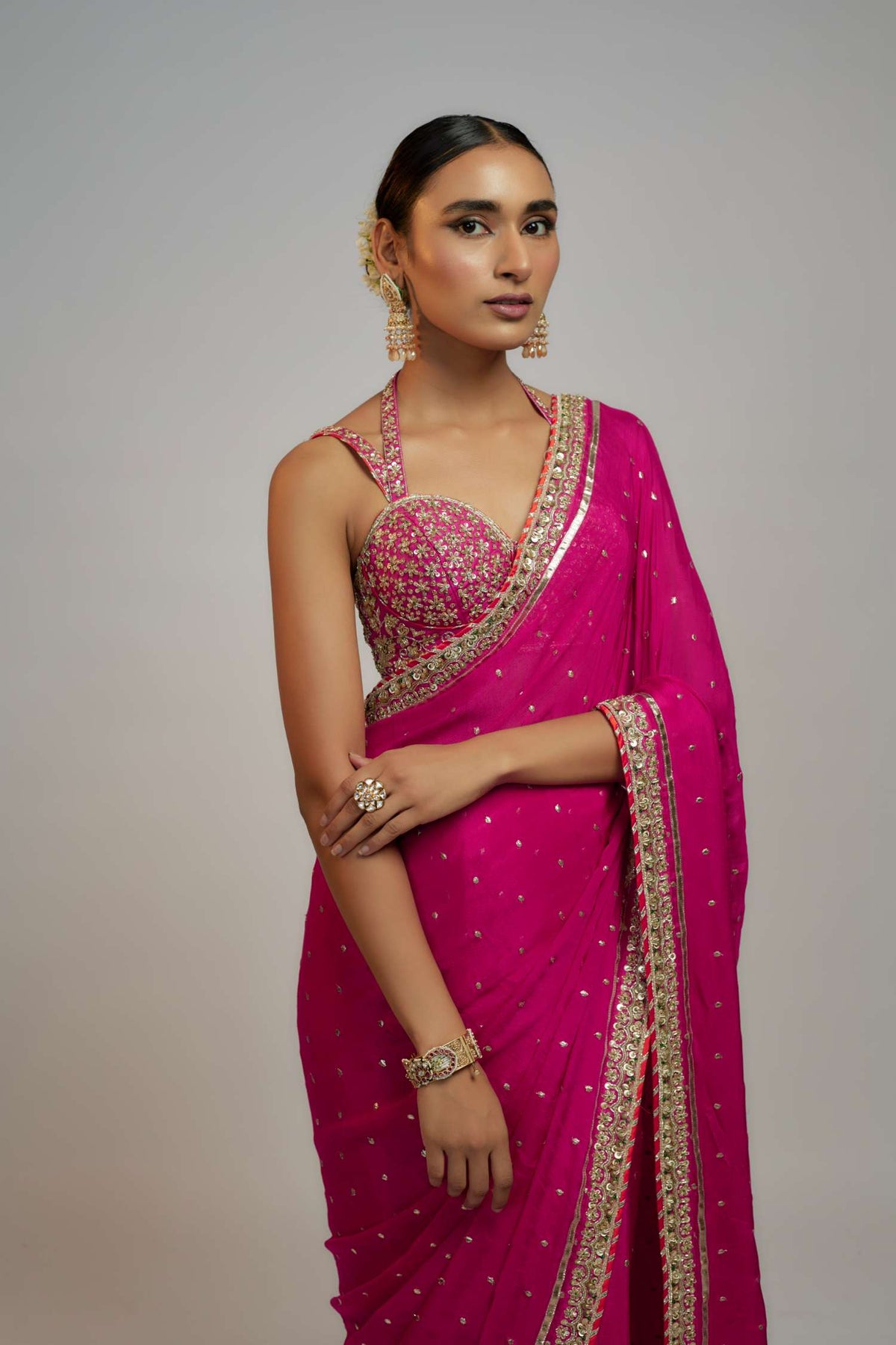 Rani Pink Golconda Uzvi Saree Set - front view