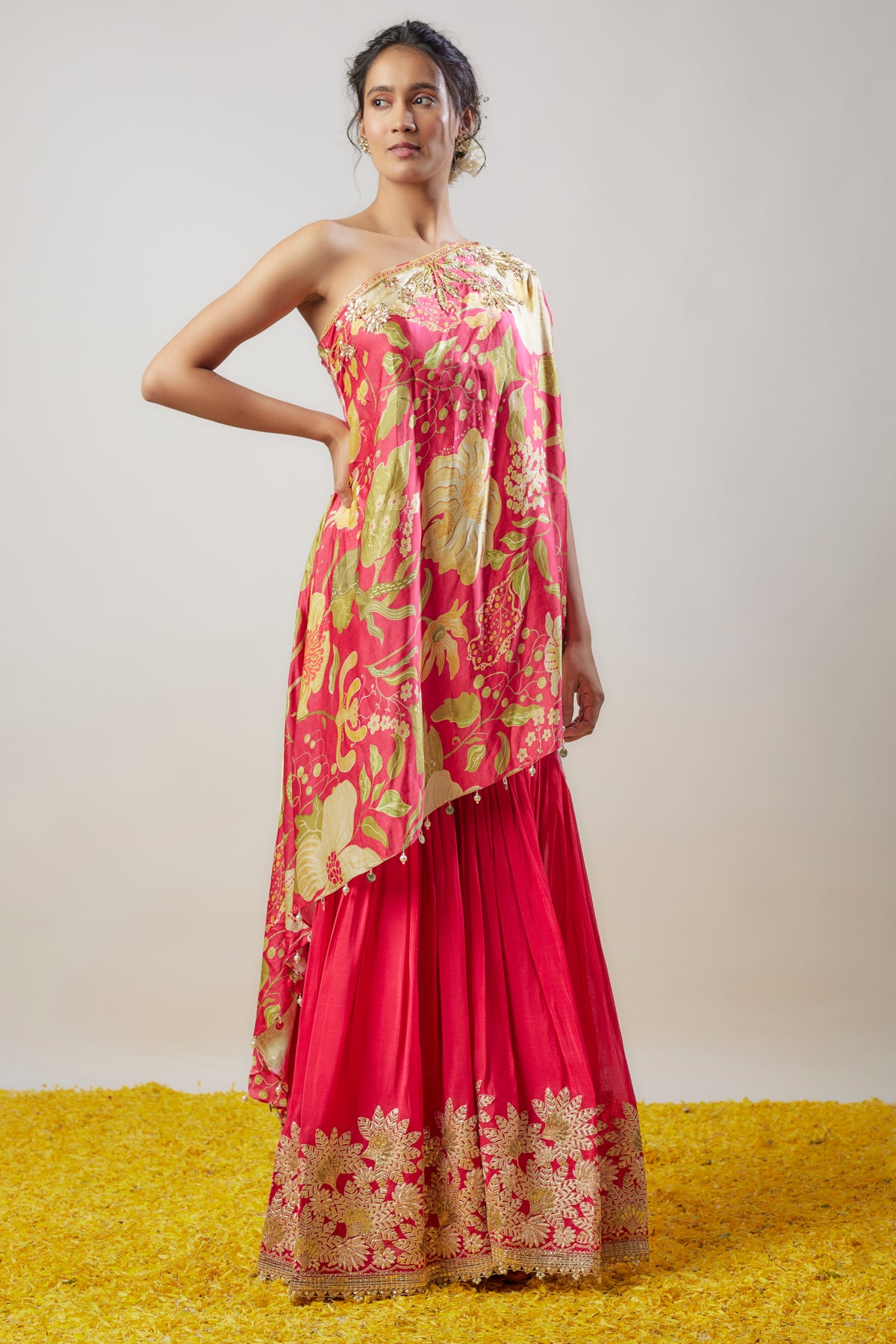 Cranberry One Shoulder Sharara Set