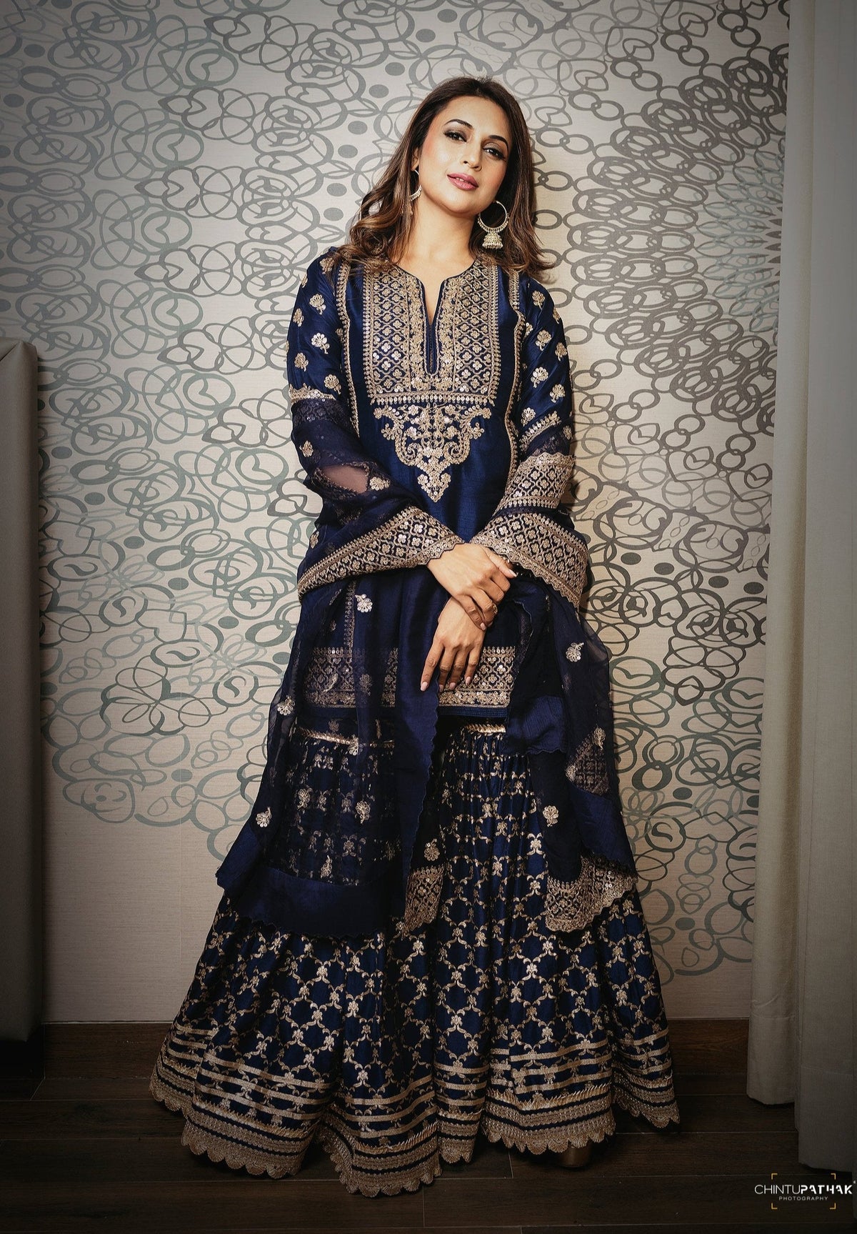 Navy Marigold Brocade Short Garara Set- front view