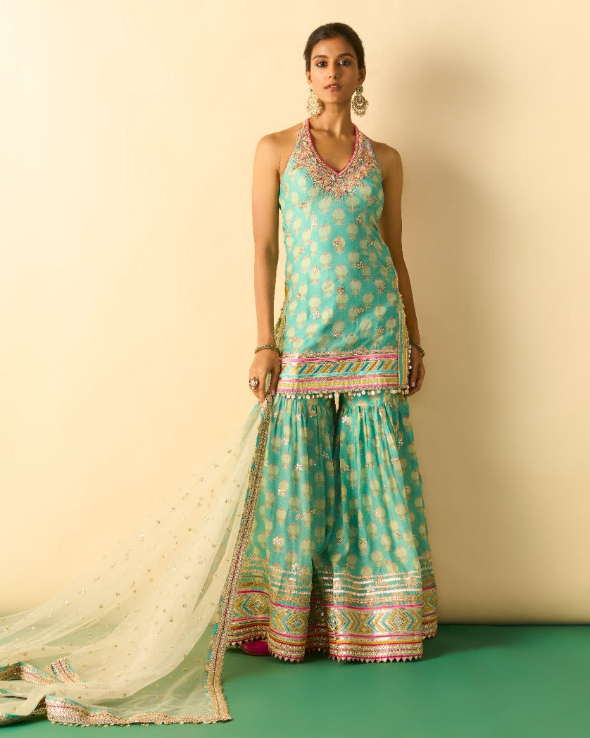 Antara Motiwala in Dwisha Halter Sharara Set